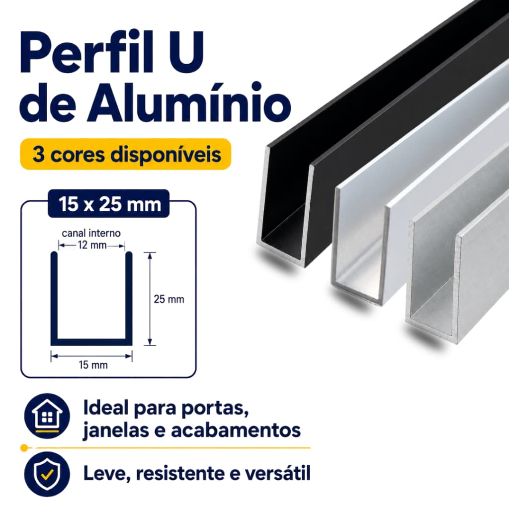 Perfil U De Alumínio Cavalão Reforçado para Vidro | Madeira | Divisórias | Tela mosquiteira 1 e 1,2 metros - 100 e 120cm