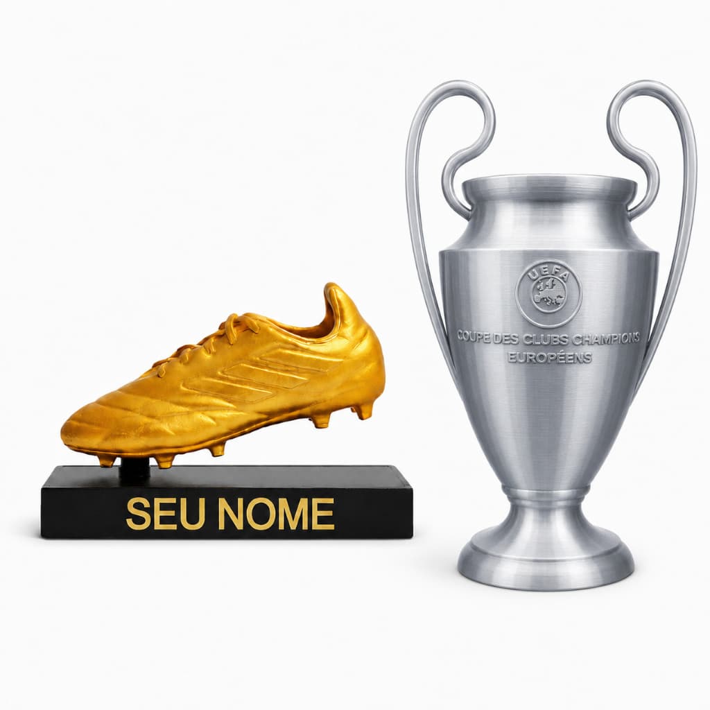 Kit Futebol Campeões Europeus | Taça Prata + Troféu Chuteira de Ouro Personalizado | Decoração Premium
