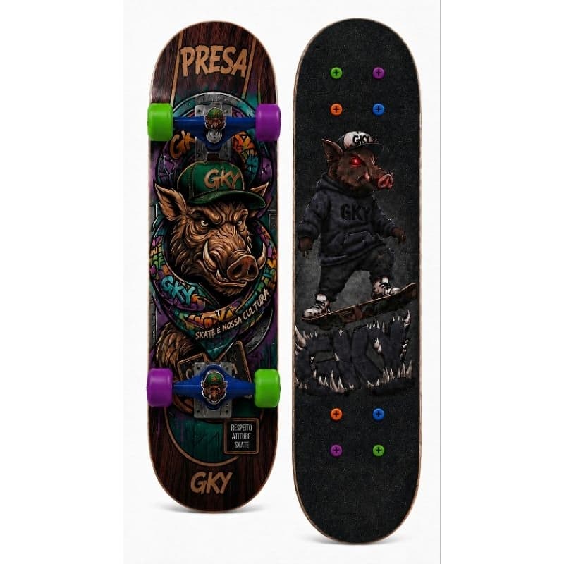 Skate Completo Profissional GKY  Tema Presa Rodas Verde Roxo