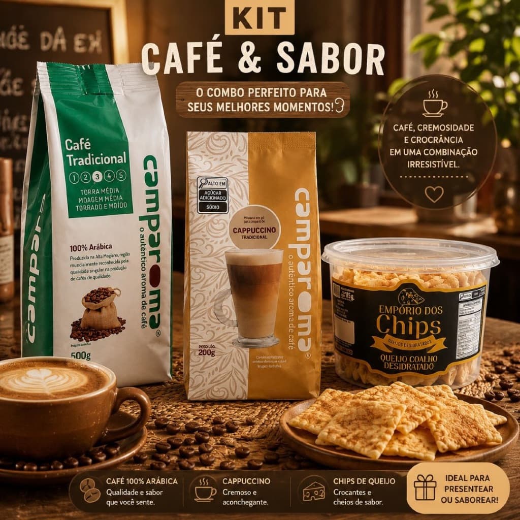 Kit Café Tradicional + Cappuccino Cremoso + Chips De Queijo da Canastra