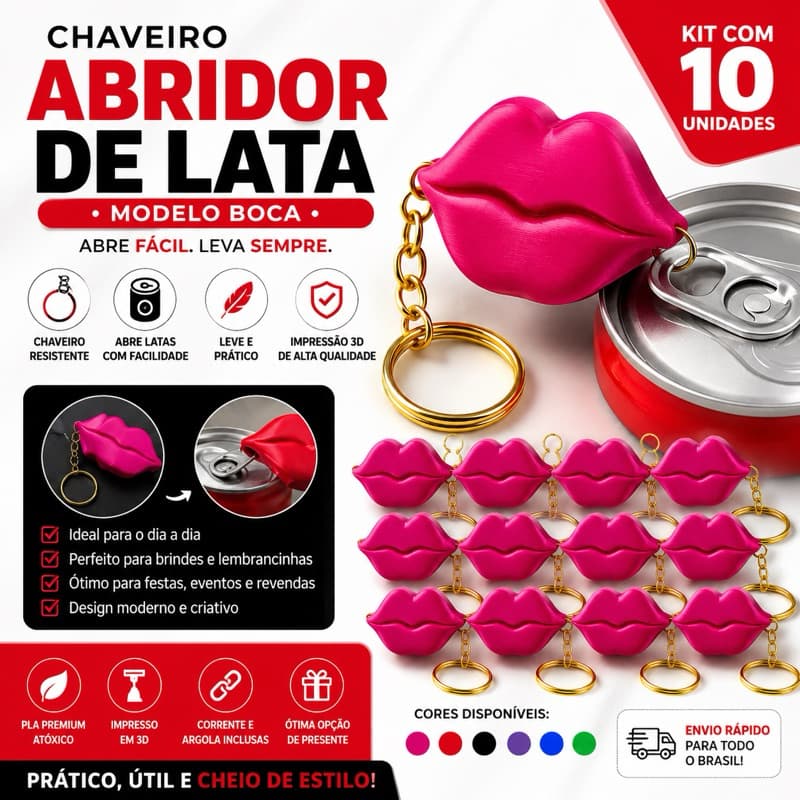 Kit 10 Chaveiros Abridor de Lata Boca 3D