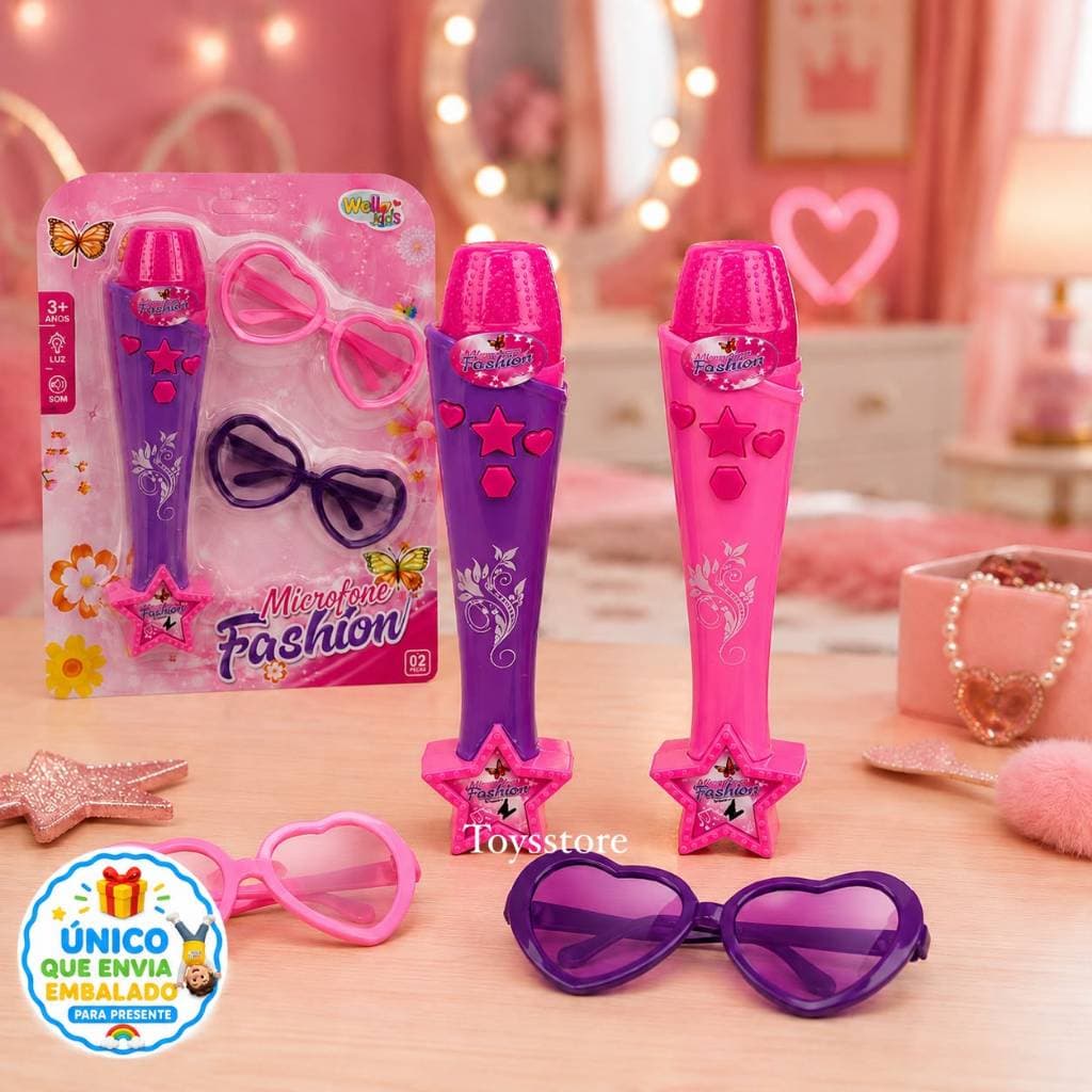 Brinquedo Microfone Musical Infantil Estrela Luz e Som Com Oculos Coração 2 Peças Musical Infantil