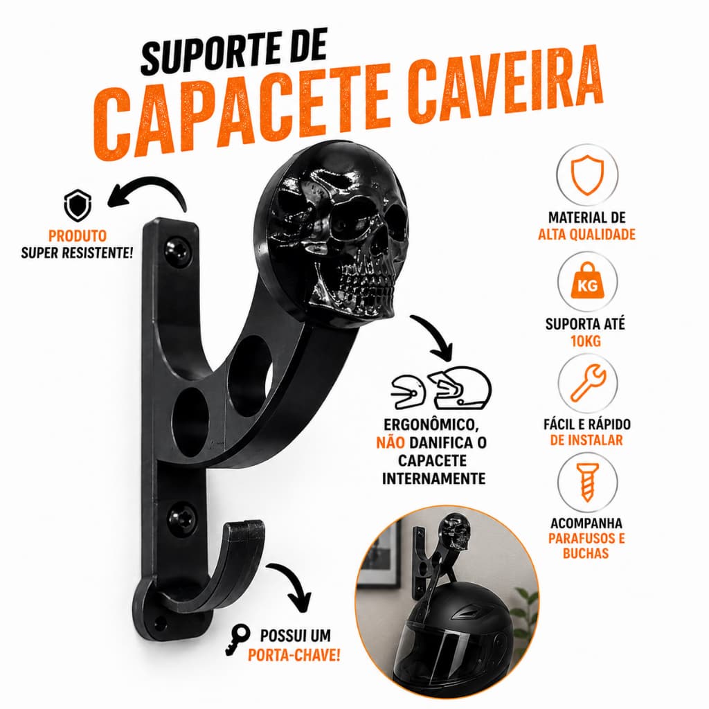Suporte de Capacete Moto Caveira Parede Porta Capacete Organizador Chaves Decoração Garagem Oficina