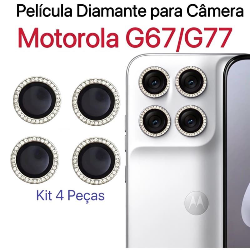 Kit 4 Peças Película Câmera Diamonte Motorola G67 / G77 Brilhente Anti Risco Protetor da Lente com Strass