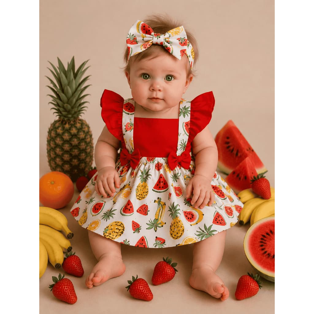 Jardineira Saia Frutinhas Frutas Salopete Infantil Roupa Bebê Menina Laço Smash The Cake Body Romper