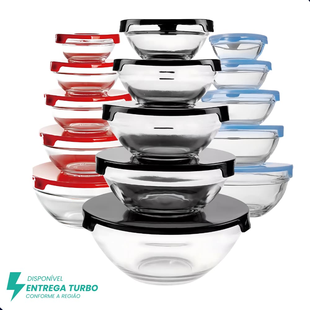 Conjunto 10 Potes Em Vidro Com Tampa Jogo Vasilhas Tigelas Bowls Marmita Armazenamento De Alimentos