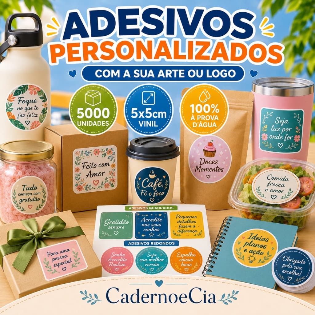 5000 Adesivos 5x5cm - Redondo ou Quadrado - Vinil 100% á prova d'agua