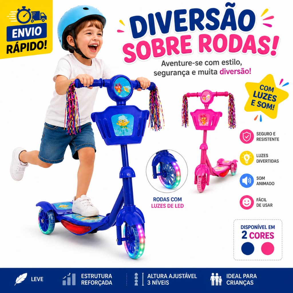 Patinete Infantil com Luzes e Cestinha 3 Rodas Brinquedo Musical Ajustável Menino Bicicletinha Azul
