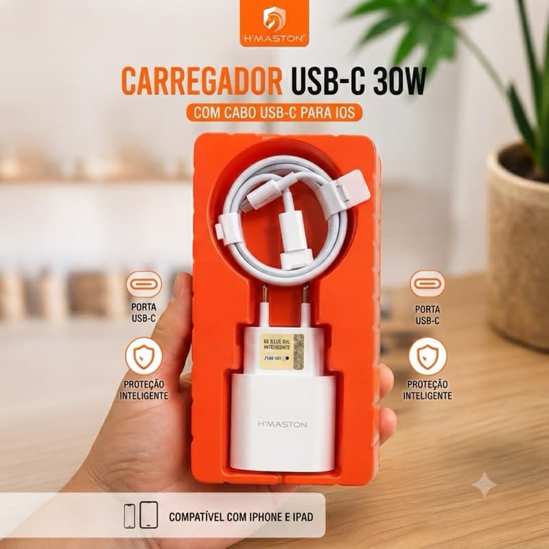 Kit Carregador H'Maston 30W PD para iPhone + Cabo USB-C Nylon 1m Compatível iPhone 15/16/17 Pro Max