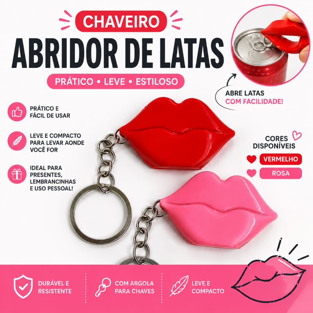Chaveiro Abridor de Latas Beijo Vermelho | Presente Criativo Feminino | Chaveiro Decorativo