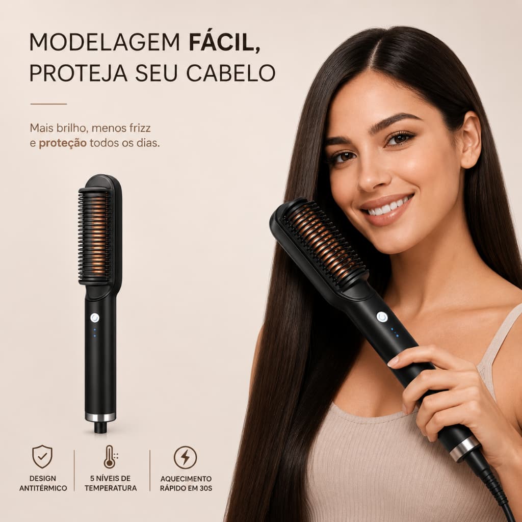 Escova Alisadora 5 em 1 Alisa, Hidrata, Modela, Alinha e Anti-Frizz Bivolt Profissional Ajuste de Temperatura