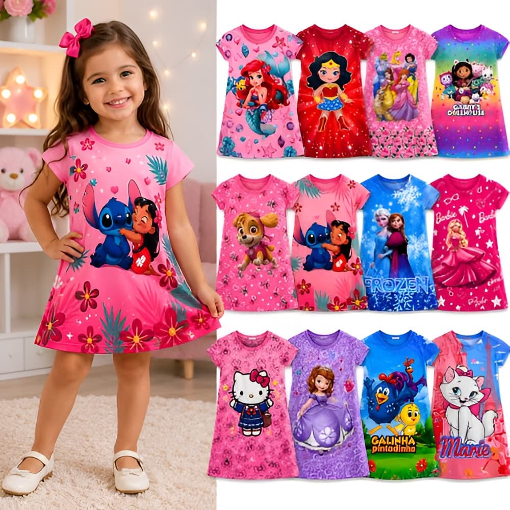 Kit 2 Vestido Infantil Temático de Personagem Sortidos Com Manga