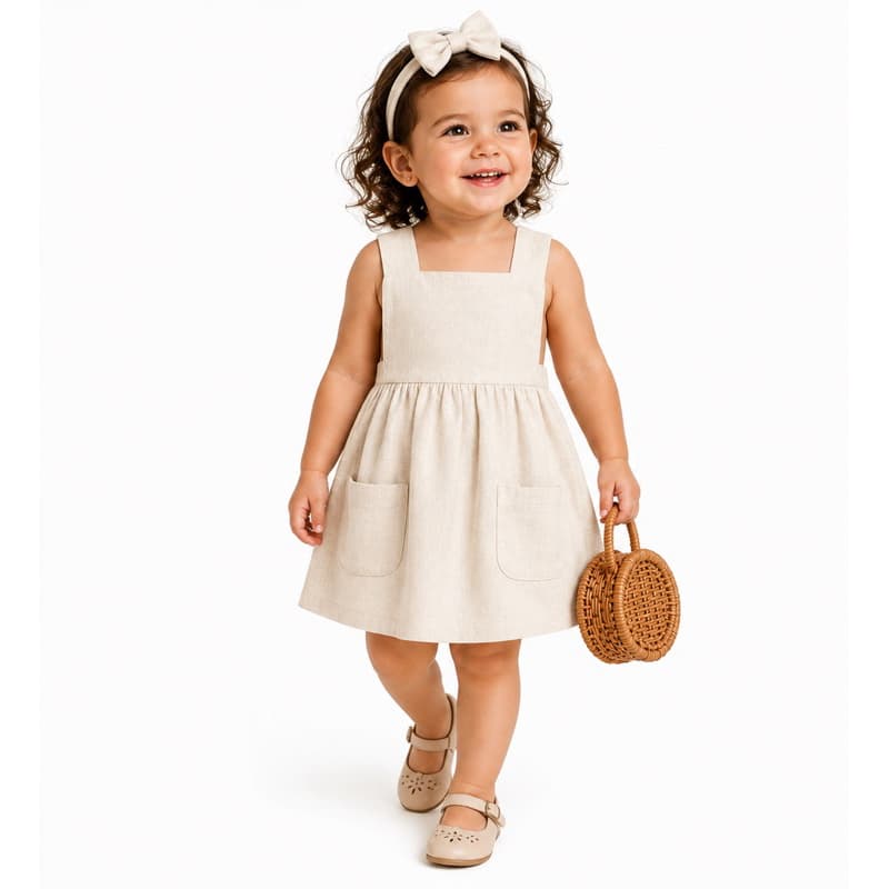 Vestido Infantil Boho em Linho com Bolsos | Acompanha Laço de Cabelo