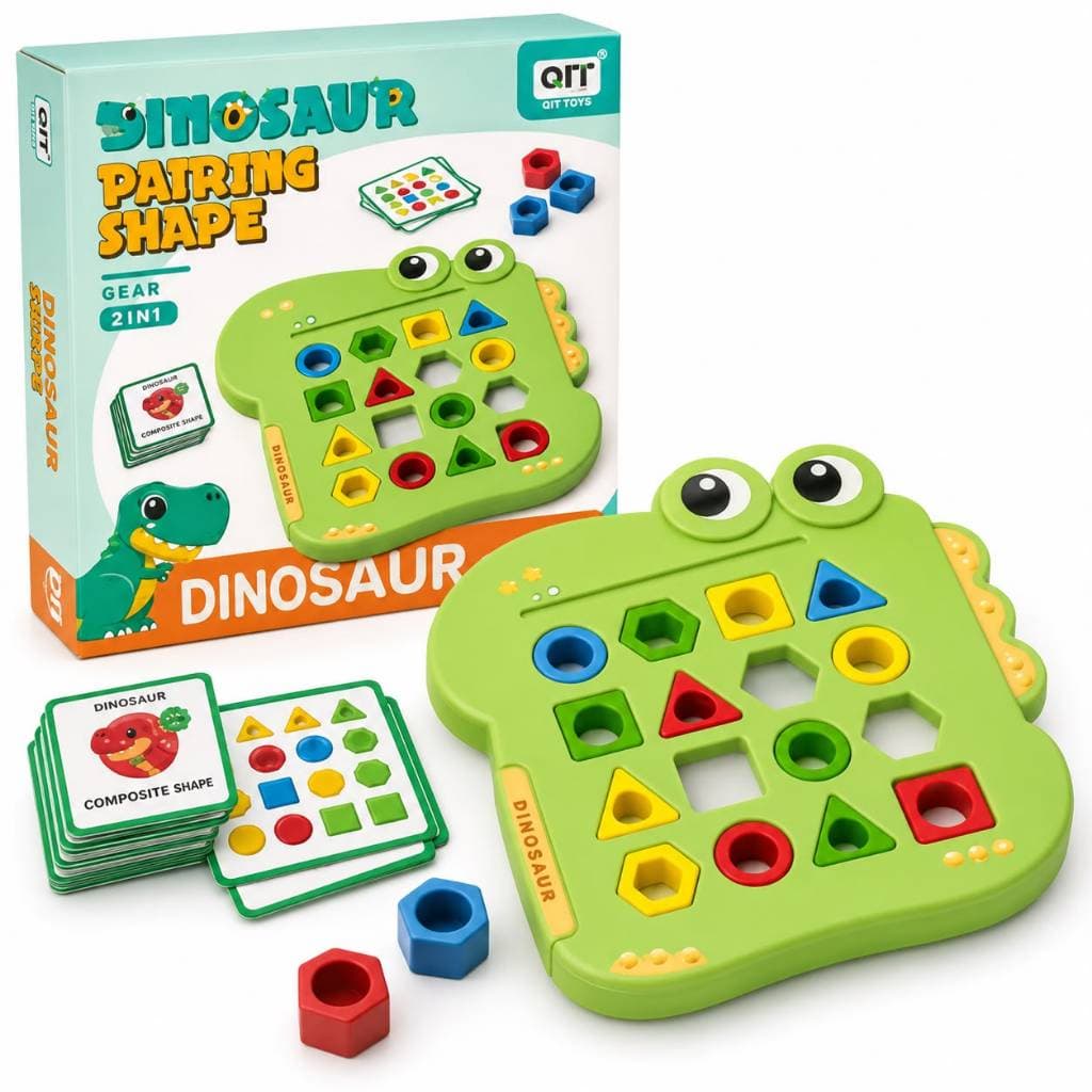 Brinquedo Educativo Dino de Encaixe Infantil 2 em 1 Montessori Geométricas Cartas de Atividades