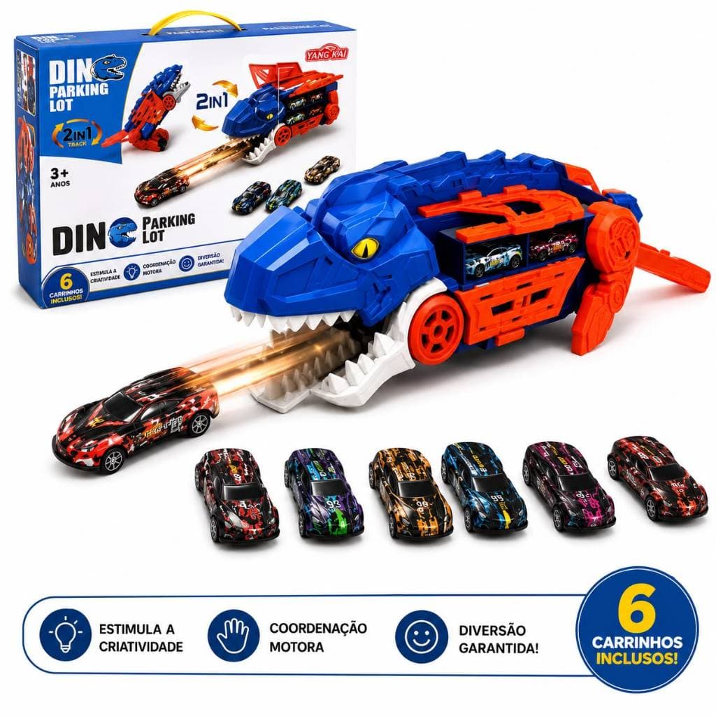 Caminhão Dinossauro Lançador de Carrinhos 2 em 1 com 6 Mini Carros Brinquedo Infantil Educativo