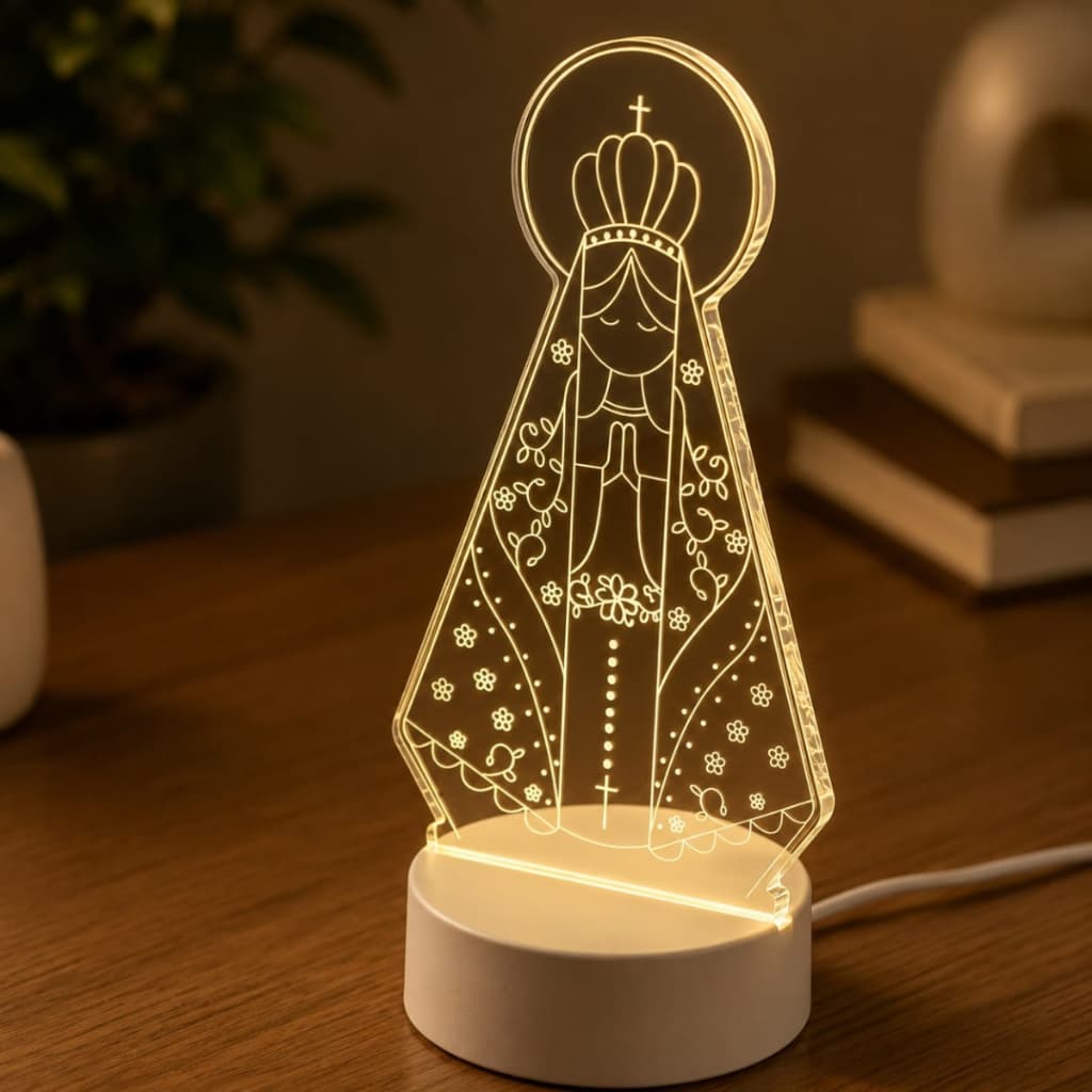 Abajur LED Acrílico Iluminado Nossa Senhora Aparecida Criança 3 Tons de Luz Bivolt Decorativo Luminaria Religiosa