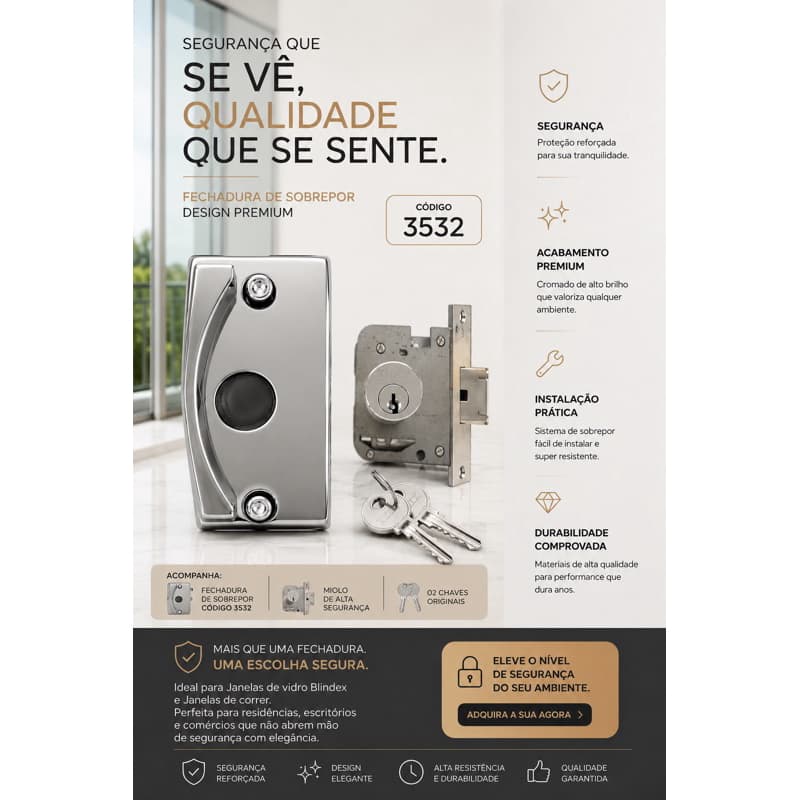 Fechadura Tranca Para Blindex Janela de vidro! Cromada auto brilho com Miolo e duas chaves originais Cod: 3532