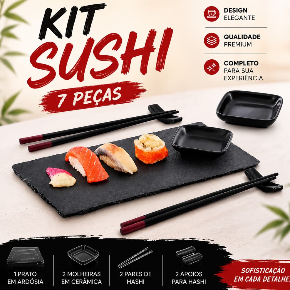 Kit sushi casa preto elegante comida japonesa oriental aparelho jantar premium retangular travessa mesa porcelana hashi