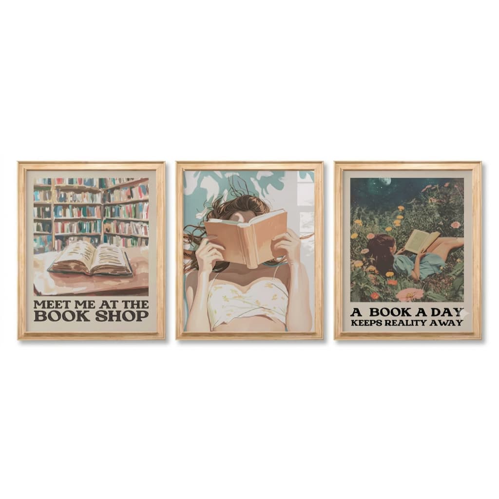 Quadros Decorativos Livros Leitura Vintage Retró Book Lover Sala Quarto Escritório (3 peças)