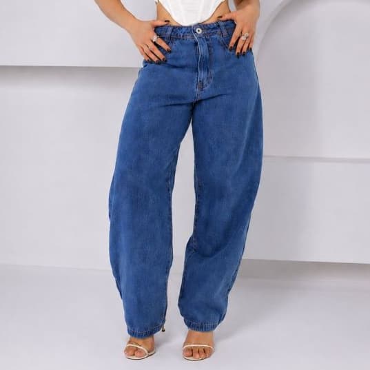 Calça Jeans Feminina Barrel Cintura Alta Azul com Bolsos Modelagem Ampla Casual Moda Feminina