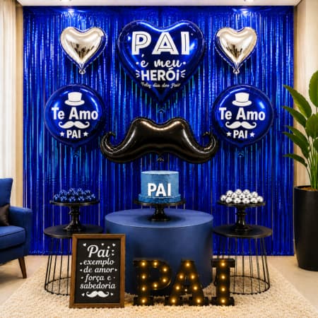 Kit Decoração Dia dos Pais Balões Metalizados Painel Festa Pai Cortina Metalizada Te Amo Pai Kit Completo Azul