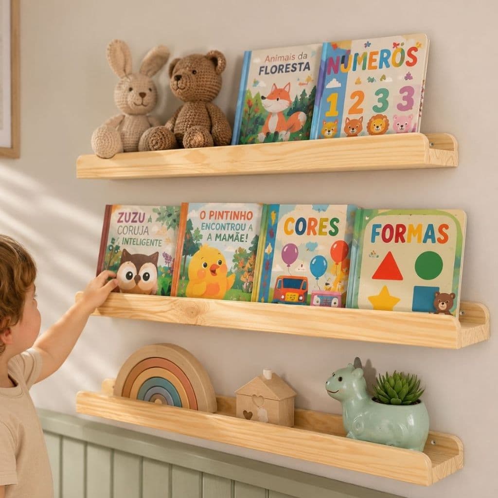 Kit 3 Prateleira de Madeira Infantil Porta Livros e Decoração - Theo