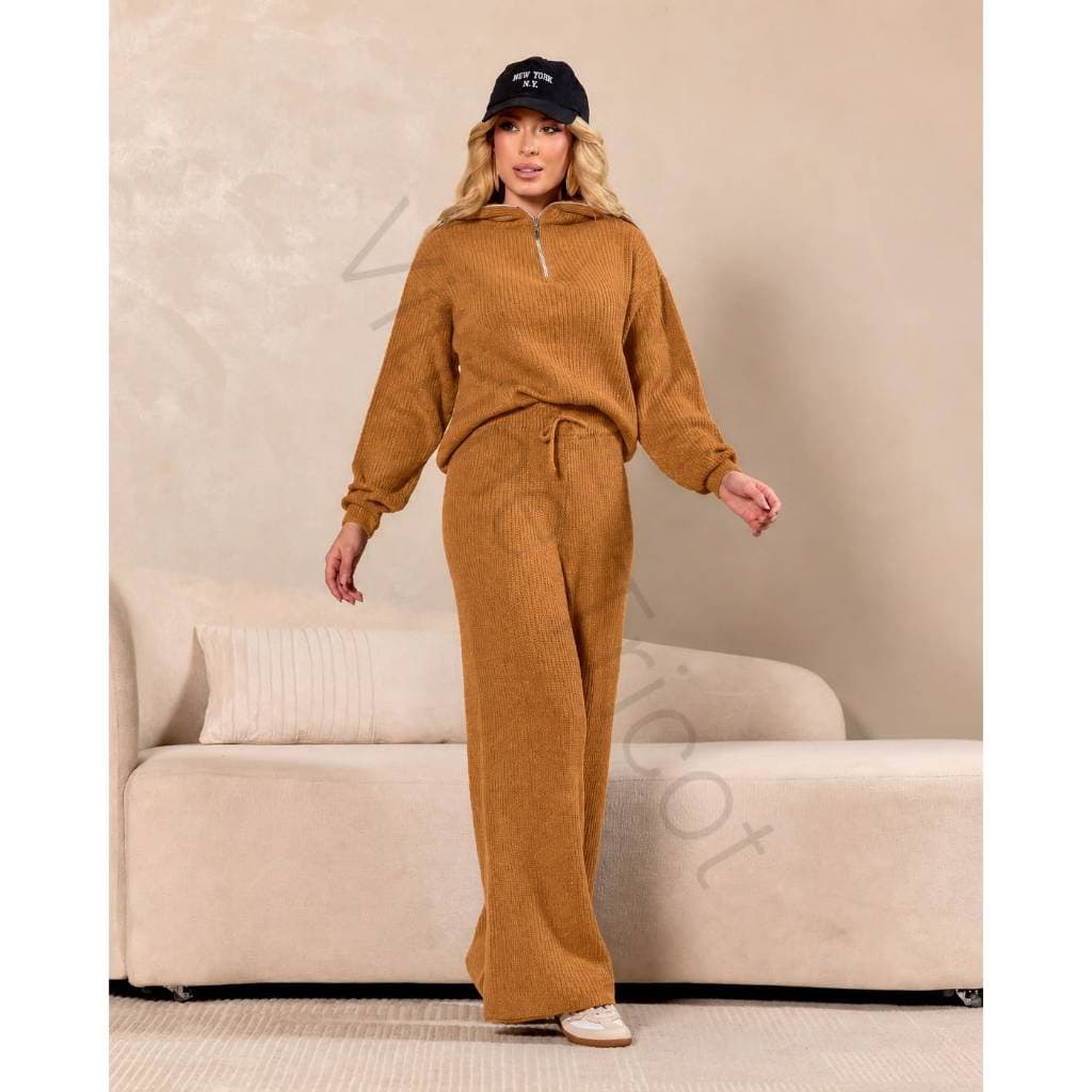 Conjunto Tricot Feminino Mousse Gola Alta Zíper Blusa Feminina Estilosa Calça Feminina Wide Leg