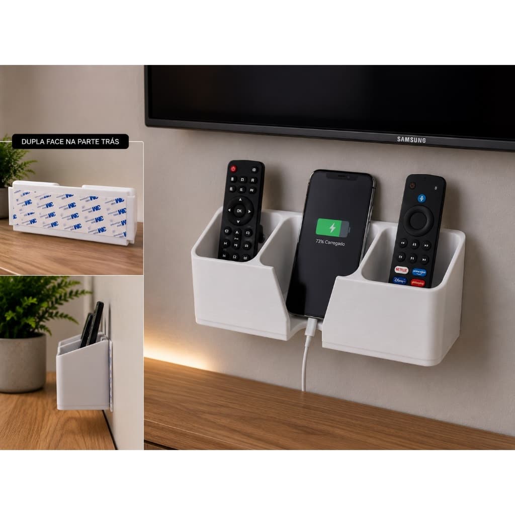 Suporte Organizador para 2 Controles e Celular – Instalação com Fita Dupla Face ou Parafusos | Design Moderno | Alta Res