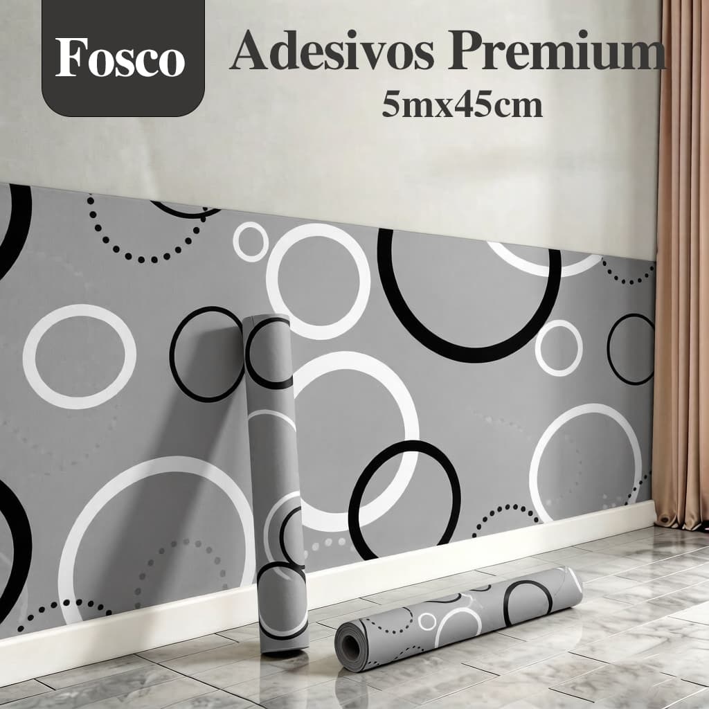 Papel de Parede Adesivo Geométrico Círculos Cinza 5m x 45cm PVC Premium Impermeável para Sala, Quarto e Escritório