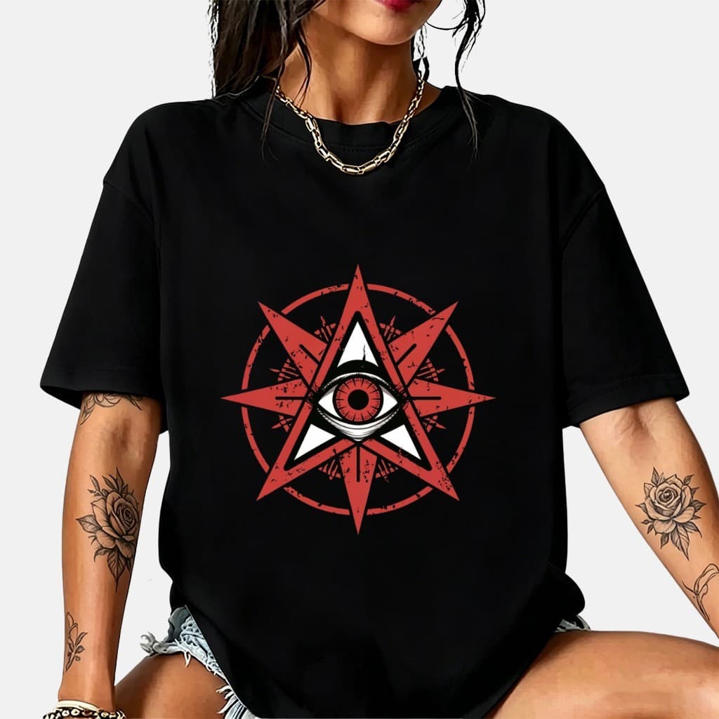 Camiseta Feminina Oversized Estampa Pentagrama Olho Gothica 100% Algodão Graffiti Desgastado