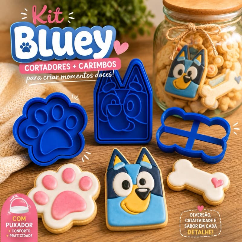 Cortador de Biscoito Bluey Kit 3 Peças com Carimbo | Molde para Massinha, Biscoitos Decorados e Confeitaria Infantil