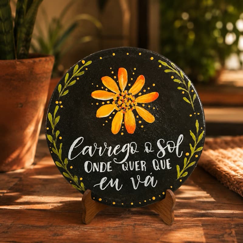 Prato Decorativo de Barro Artesanal Pintado à Mão com Frases Motivacionais para Sala, Cozinha e Decoração
