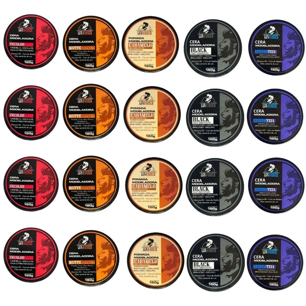 Kit 20 ceras capilares (4 Incolor, 4 Matte, 4 Caramelo, 4 Black e 4 Teia) 150g unidade - LGN Barber