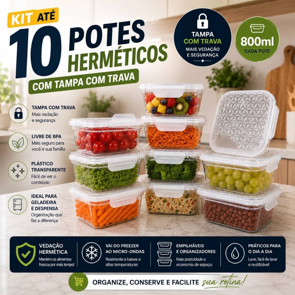 Kit até 10 Potes Herméticos Com Travas 800ml Plástico Transparente
