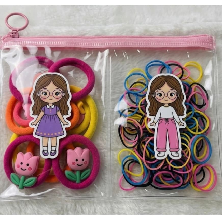 Kit Elastico E Xuxinha De Cabelo Infantil Colorido Com Bolsinha Organizadora Menina