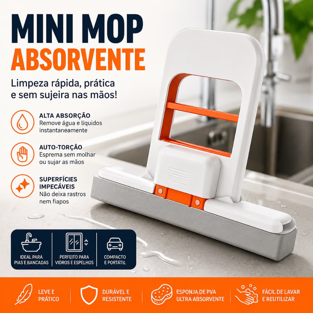 Mini Rodo Esfregão Absorvente Mini Mop Portátil para Pia Bancada Vidro Auto Torção Limpeza Rápida
