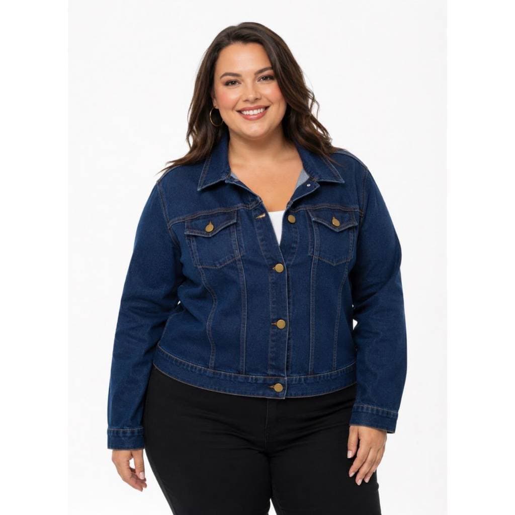 Jaqueta jeans Plus Size lavagem escura com botão de ferro