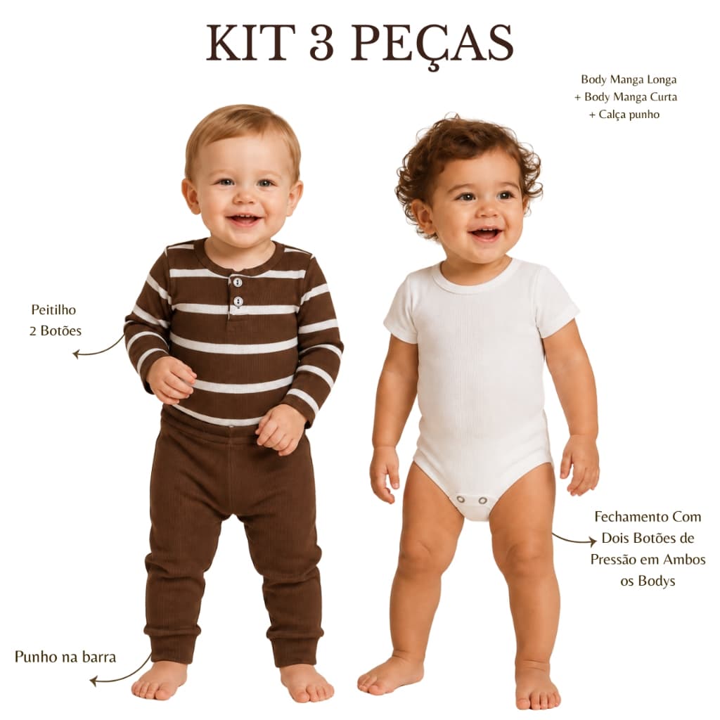 Kit 3 Peças - Body Manga Comprida e Manga Curta Com Calça Punho Bodie Infantil Bory Confortavel