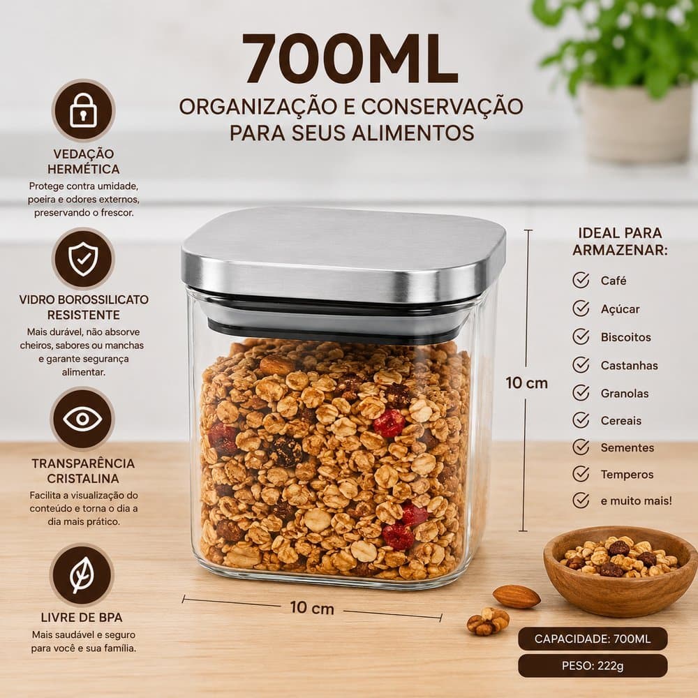 Pote Hermético Quadrado Vidro Com Tampa de Inox 700ml