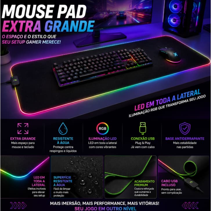 Mouse Mousepad Gamer Com LED RGB Resistente a Agua- XCELL