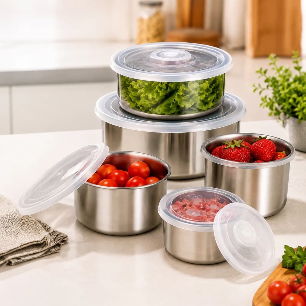 Conjunto Potes Hermeticos Redondos Inox Vedacao Alta Tampa Firme Organizador Mantimentos Cozinha Empilhavel