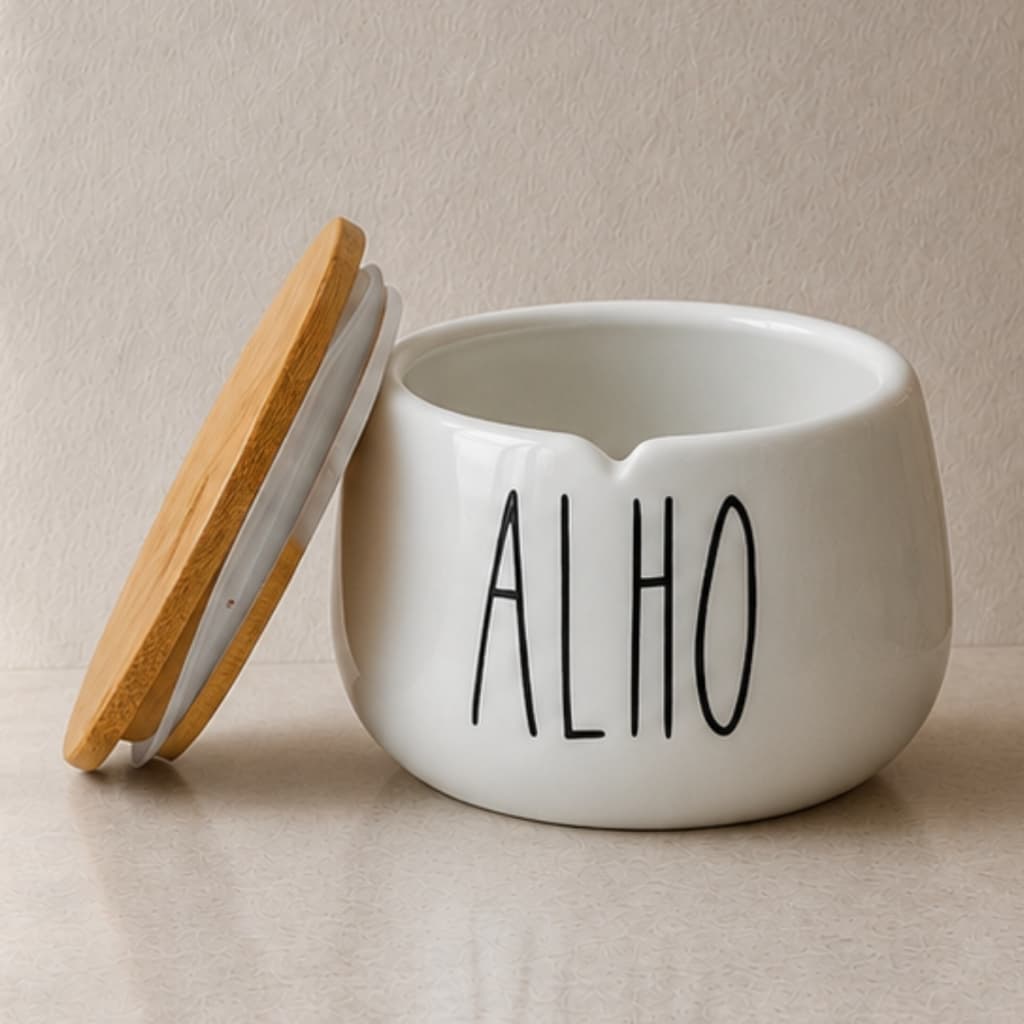 Pote Para Cozinha Porta Tempero Para Alho Hermético de Cerâmica tampa de Bambu Madeira Branco 600ml