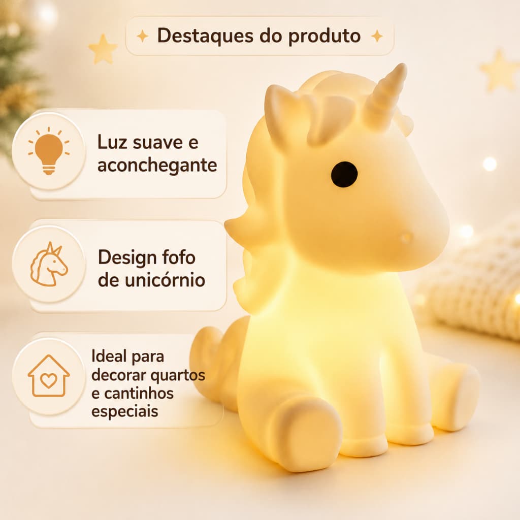 Luminária Mesa Recarregável Lâmpada Noturna Abajur Fofo Silicone Toque Touch Led Unicórnio