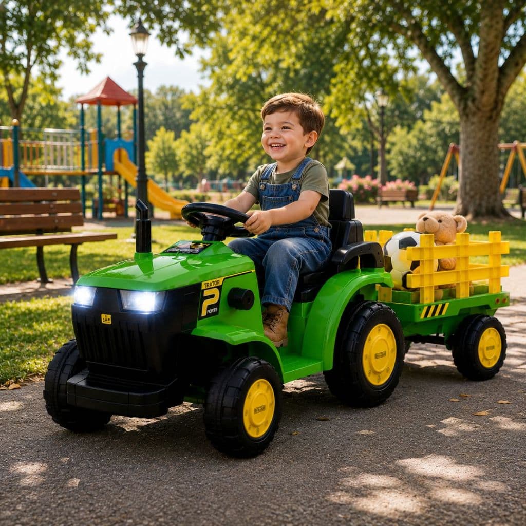 Trator Elétrico Verde Infantil com Carretinha Removível Luzes LED Sons e Bateria Recarregável