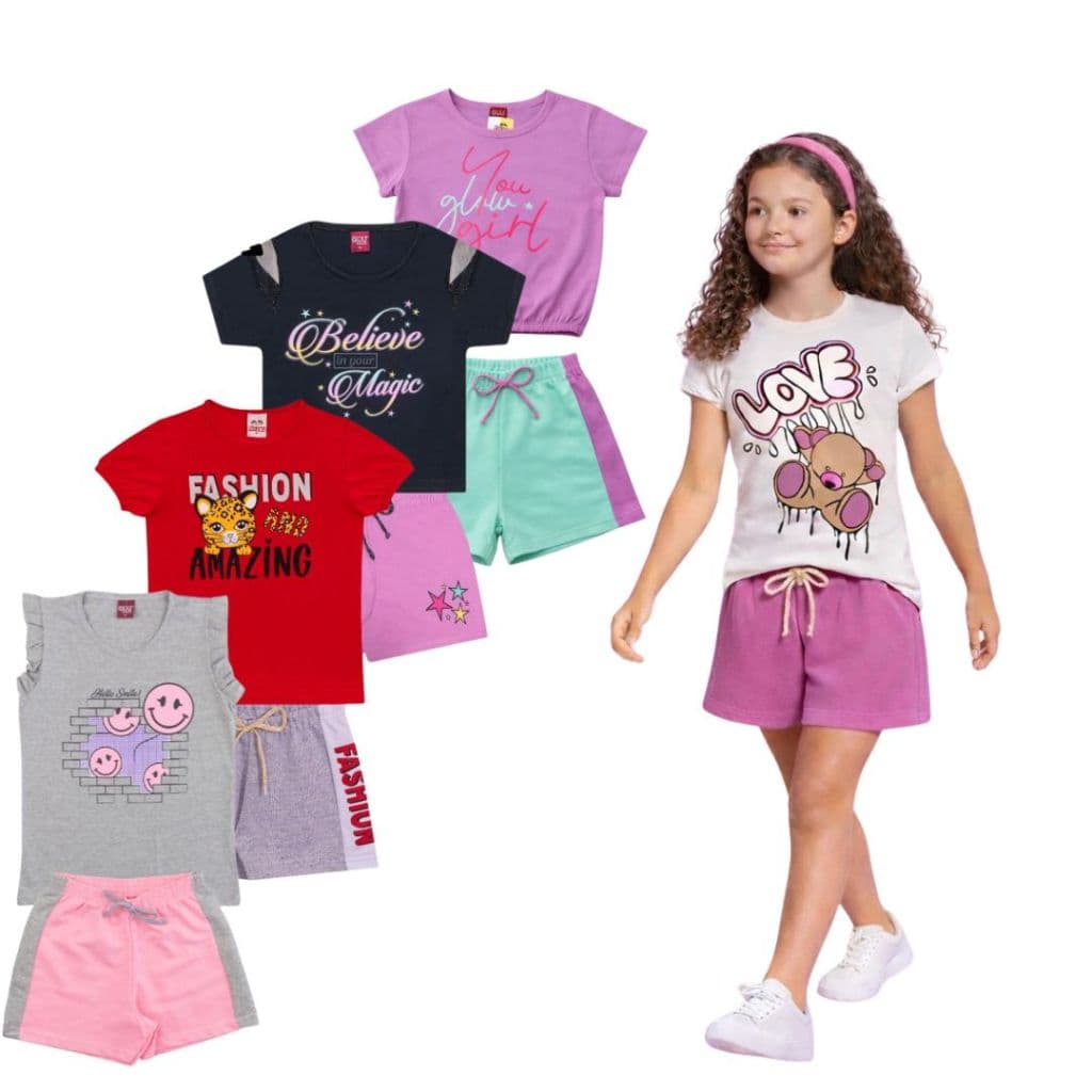 Kit 2 Peças de Roupa Feminino Juvenil Verão - 1 Blusa + 1 Bermuda - Promoção - Kit 1 Conjunto