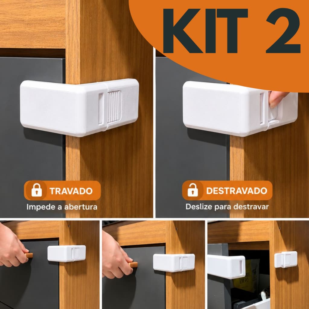 KIT 2 Travas de Segurança Premium Sem Furos Organizador Segura Trava Gavetas Proteção Crianças Baby Proof