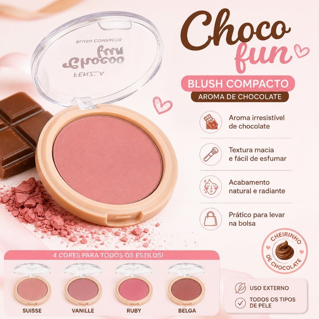 Blush Choco Fun Fenzza Aroma de Chocolate Efeito Natural Longa Duração