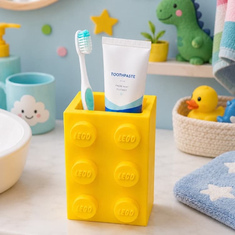 Porta Escova Infantil Bloco de Montar | Organizador de Escova e Pasta para Banheiro Infantil