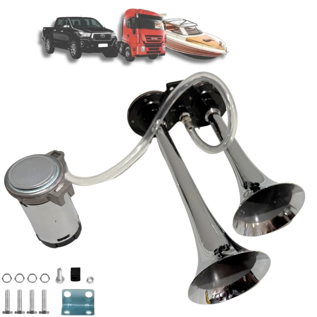 Buzina A Ar 2 Dupla Cromada Caminhão Carro 12v Com Compressor