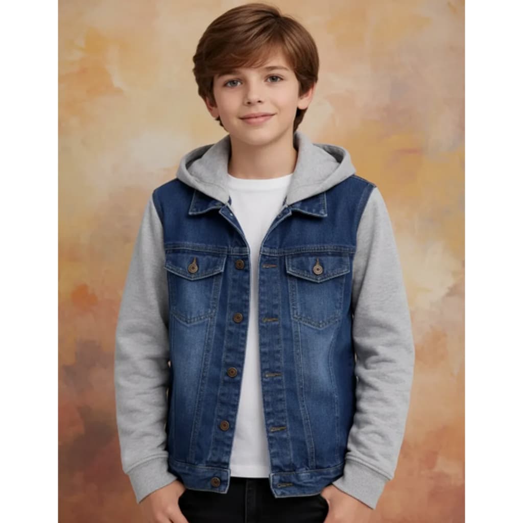 Jaqueta Jeans Com Moletom E Capuz Infantil E Juvenil. Flanelada nas mangas e Capuz. São bem quentinhas .